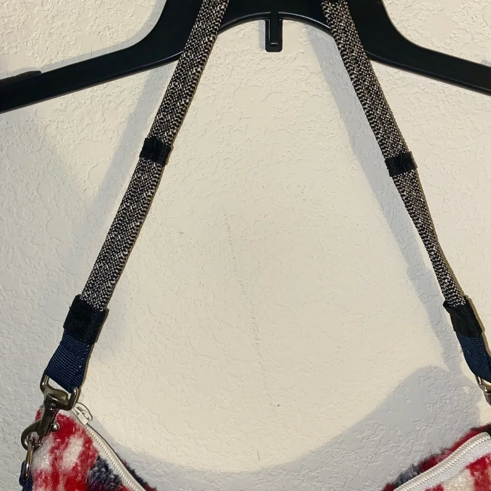 Kavu Fairview Plaid Rope Plush Shoulder Travel Bag Red and Blue Preppy Academia